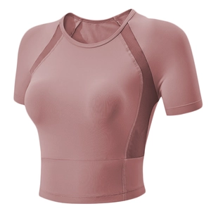 Women's tight mesh crop top in dusty pink for fitness and yoga training sessions