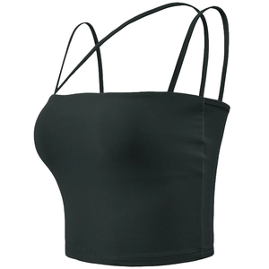 High support black sports bra with thin straps and minimalist scoop neck design