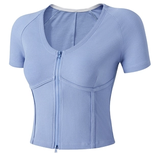 T-Shirt de Yoga Ajusté à Nervures pour Femmes avec Fermeture Éclair Avant Crop Top Manches Courtes Sport de Course Fitness