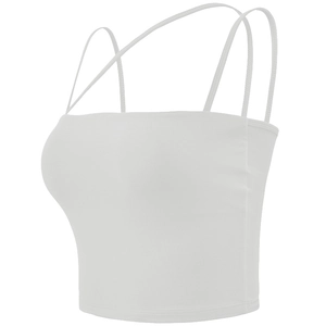 Detail view of the seamless white crop top with four thin straps and firm stitching