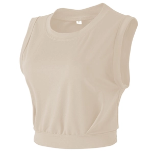 Ärmelloses Yoga-Crop-Top für Damen in Sandbeige mit geripptem Saum für Sport und Fitness