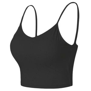Crop top de sport noir à fines bretelles et col en V en tissu texturé pour le fitness