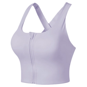 Shockproof sports bra with front zipper and hollow back in pale lilac for gym yoga