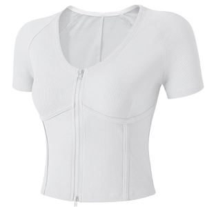 Crop top blanc côtelé avec fermeture éclair et col en U pour le yoga et sport