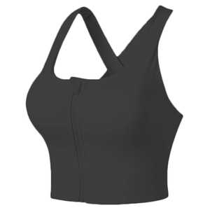 Black front zipper sports bra with hollow cross back design for running and yoga