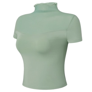 T-Shirt de Yoga à Col Montant pour Femmes Bordure à Volants Patchwork en Maille Coupe Ajustée Manches Courtes Sport Respirant