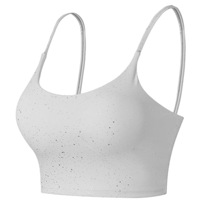 Grey splatter print sports bra with thin straps and a wide elastic support band
