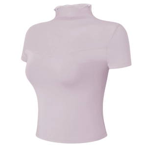 T-shirt de yoga lavande ajusté avec col montant et coutures incurvées pour sport