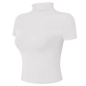 Haut de yoga blanc ajusté à col montant avec détails en maille et col volanté