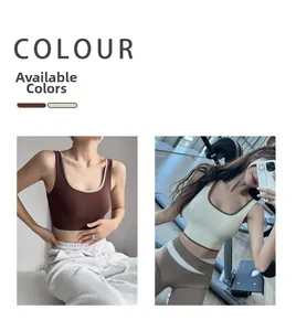 Detailed view of color-block high support yoga sports bras in brown and beige colors