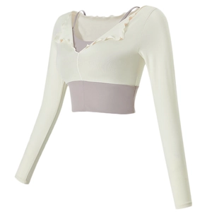 Women Fake Two Piece Yoga Top With Chest Pads Slim Fit Long Sleeve Sports T-Shirt V-Neck Ruffle Gym Running Active Wear