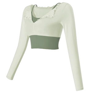 Women's faux two-piece yoga top with built-in pads, mint green long sleeves, V-neck style