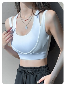 Detail of white rib-knit high-impact sports bra with wide U-neck and fitted design