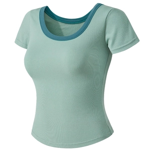 Women Slim Fit Ribbed Yoga Top Short Sleeve Contrast Round Neck Sporty Viscose Elastic Running Pilates T-Shirt Activewear