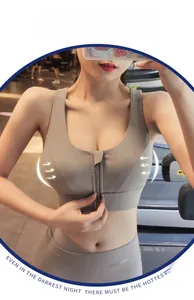 Detailed view of women's sports bra featuring front zipper closure and wide straps