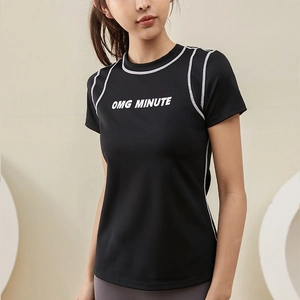 T-Shirt de Sport Coupe Ajustée Femme Top de Yoga Séchage Rapide Manches Courtes Nylon Élasthanne Avec Impression de Lettres Et Surpiqûres Contrastées
