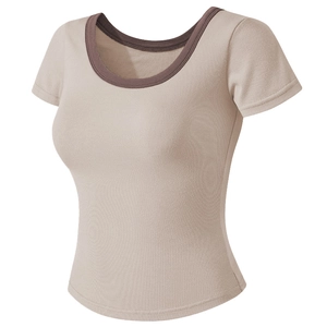 Slim fit stretchy yoga short sleeve top in apricot with contrast brown crew neck