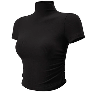 Damen Raffung Schmale Passform Stehkragen Sportoberteil Kurzarm Nylon Yoga T-Shirt Feuchtigkeitsableitend Sportbekleidung Top