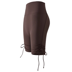 Braune Yoga-Shorts mit hoher Taille, verstellbarem Kordelzug und Bauch-Weg-Effekt
