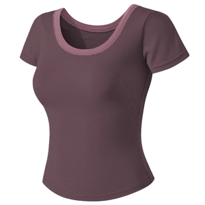 Slim fit stretchy short sleeve yoga top in dark purple with layered neckline design