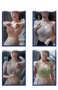 Collage of high-impact sports bras in four colors with front zipper design
