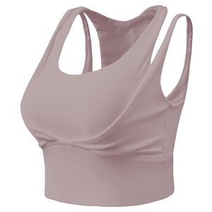 Shockproof sports bra for running with mauve ribbed fabric and criss-cross design