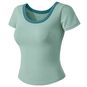 Slim fit light green yoga T-shirt with deep blue U-neckline and elastic fabric texture