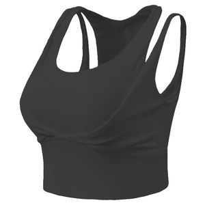 Black ribbed high-impact sports bra with wide straps and racerback design for workout
