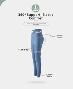 Detail of high waist yoga leggings showing tummy control and slimming side seams
