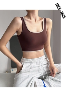 Detail view of high support yoga bra with color block edges and premium stretch fabric