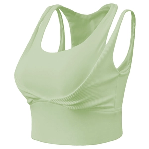 High-impact sage green ribbed yoga sports bra with front twist knot and wide straps