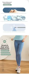 Detail of blue high-waisted yoga pants showing breathable fiber mesh and cool-feel fabric
