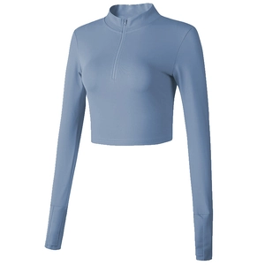 Haut de yoga court pour femme avec demi-fermeture éclair et passe-pouces en bleu-gris