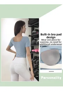 Detail of yoga top with square neck design and removable padded cups for support