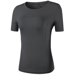 Slim fit charcoal grey yoga t-shirt with compression seams for women's athletic training