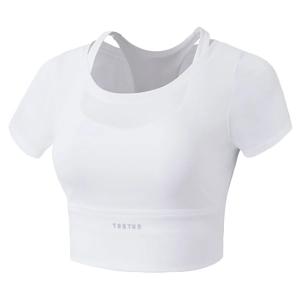 Women Fake Two-Piece Sports T-Shirt Cropped Padded Yoga Top Breathable Quick Dry Polyamide Spandex Activewear Workout Shirt