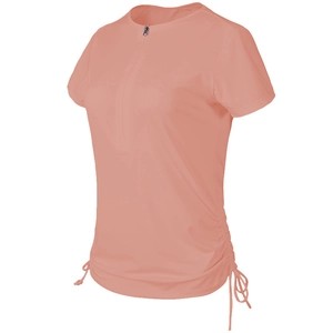 Women's coral pink short sleeve yoga top with half-zipper and adjustable drawstring side