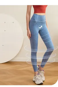 Detail of high waist blue yoga leggings with denim texture and seamless butt lifting fit
