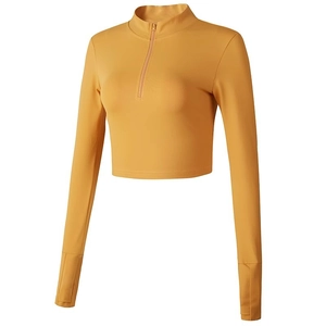Haut de Sport Femme avec Demi-Fermeture Éclair Crop Top Manches Longues Yoga T-Shirt Ajusté pour Fitness Course Entraînement avec Passe-Pouces