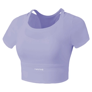 Short sleeve two-in-one yoga crop top in light purple with breathable padded design