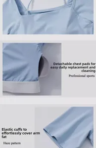 Detail view of fog blue yoga top with removable chest pads and elastic cuffs design