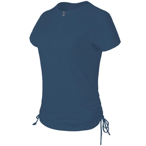 Detail of navy yoga top showing half-zipper collar and side drawstring ruched hem
