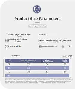 Size guide for high waist yoga pants including measurements for waist, hips and length