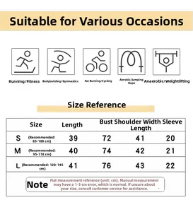 Detailed size chart for yoga top showing length, bust, and shoulder measurements