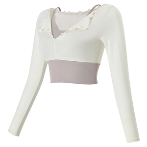 White long sleeve yoga top with V-neck faux two-piece design and purple elastic waistband