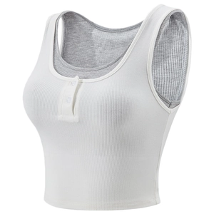Damen Gefälschtes Zweiteiliges Geripptes Crop Top Mit Knöpfen Slim Fit Yoga Fitness Tanktop Atmungsaktive Ärmellose Sportbekleidung