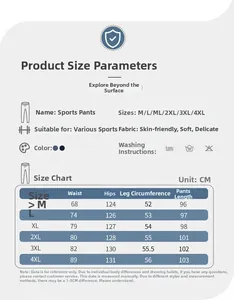 Tableau des tailles pour pantalons de sport femme avec mesures du M au 4XL en centimètres