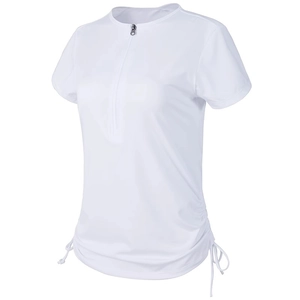 White half-zip yoga t-shirt with short sleeves and adjustable side drawstrings