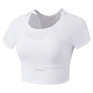 White short sleeve 2-in-1 sports t-shirt for women featuring breathable mesh fabric