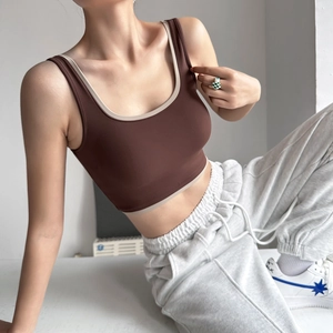 High support sports bra in brown and beige patchwork design with high elastic fabric